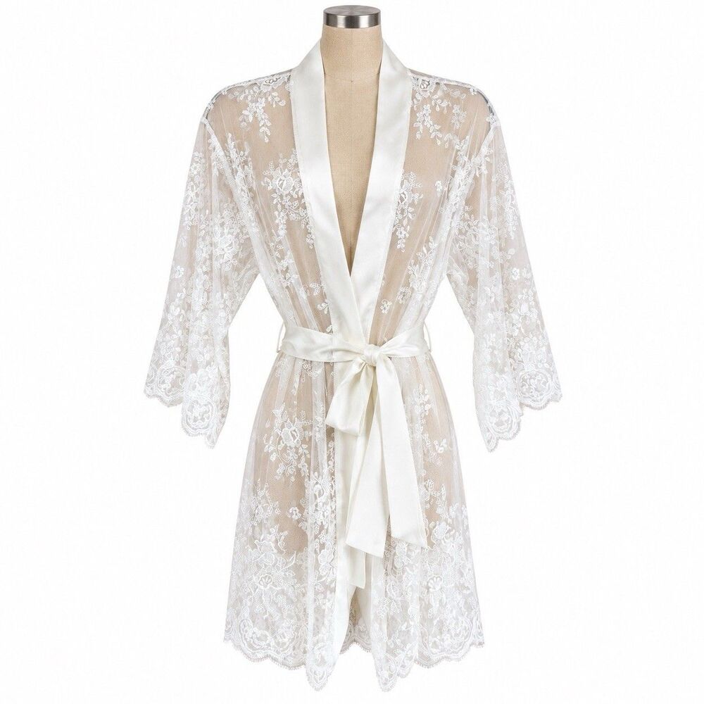 Rya Collection Women’s XS/S Ivory Sheer Lace Satin Trim Bridal Robe Kimono